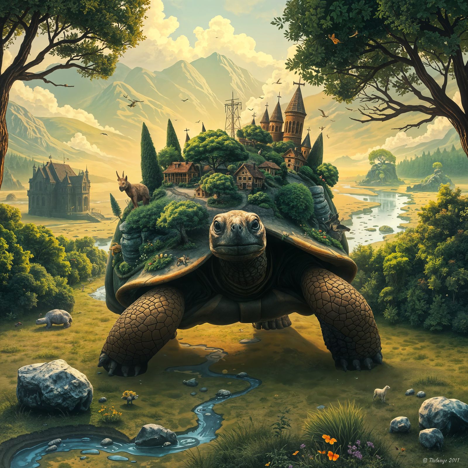 Majestic Tortoise in Lush Fantasy Landscape