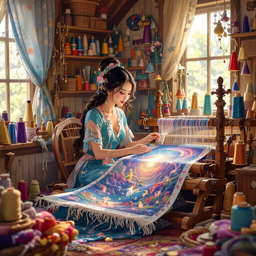 A magical Vietnamese seamstress with stardust in her eyes, sits at her loom in a cozy cottage filled with spools of shim...