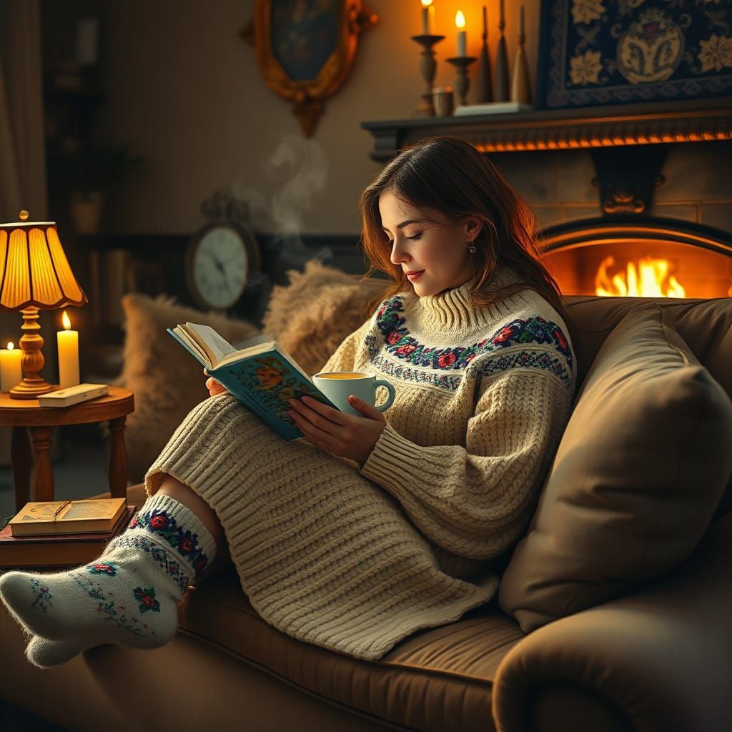 Cozy Ukrainian Evening: Warm Oil Painting of Woman Reading
