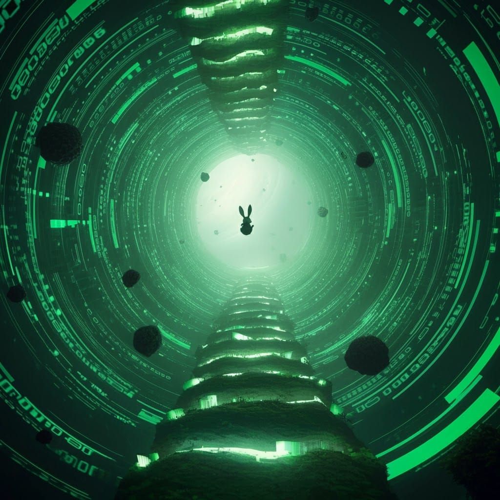 Rabbit's Matrix Descent: Neon Tunnel in Surreal Art