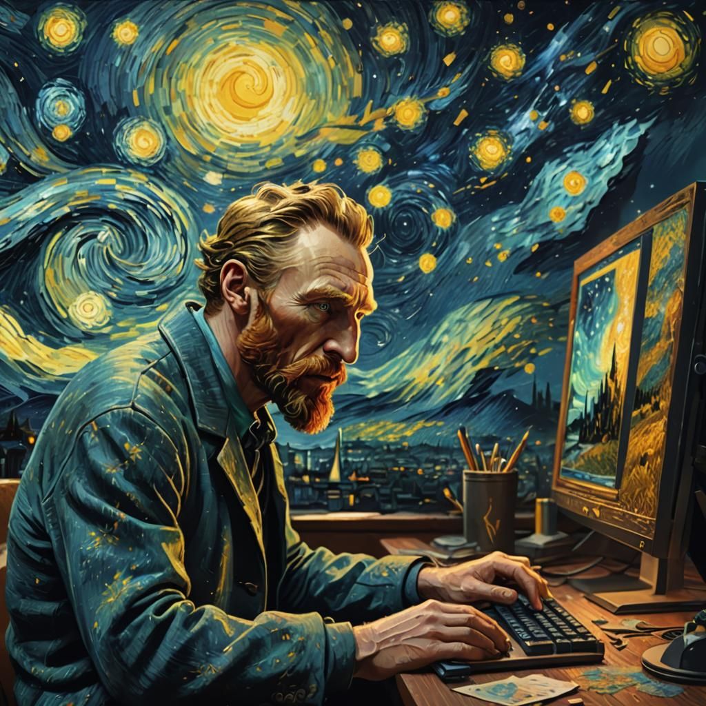 Van Gogh Edits Starry Night in Futuristic Office
