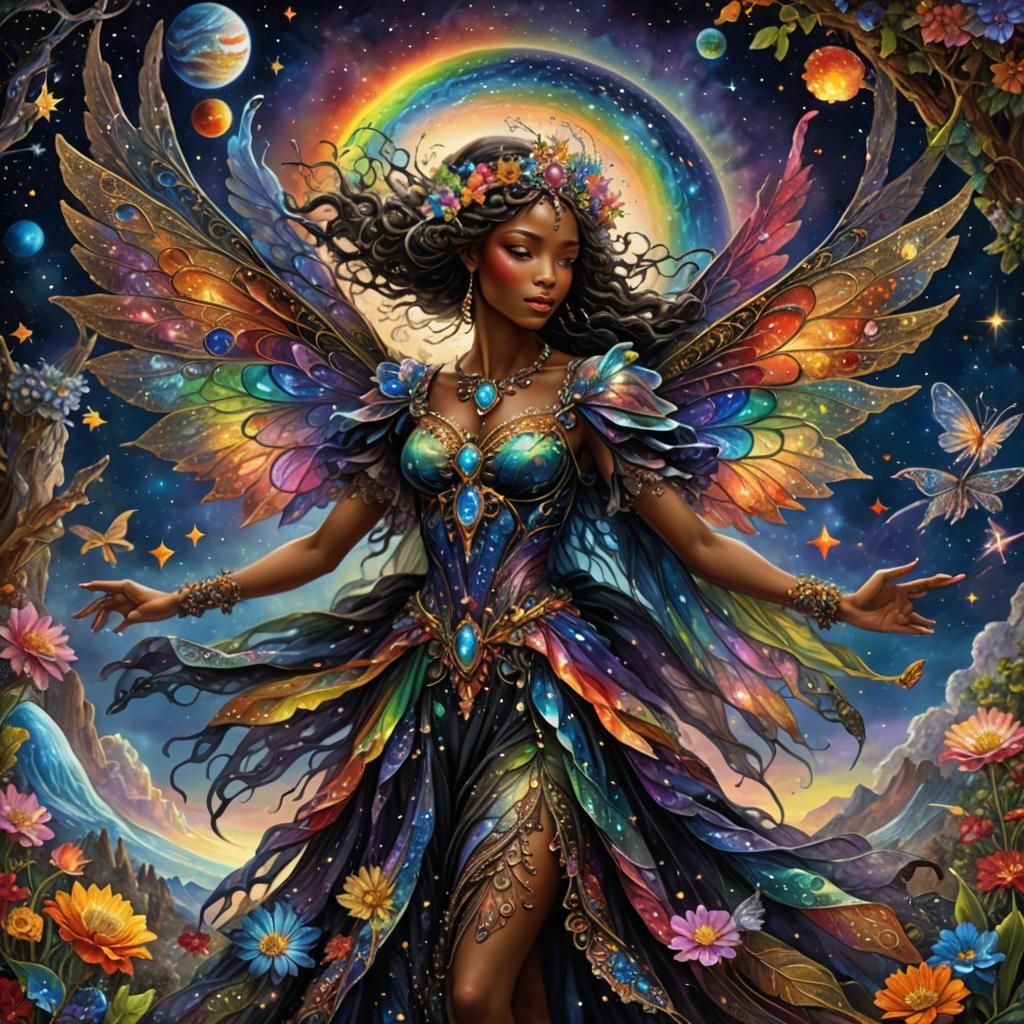 Black Fairy with Rainbow Wings and Crystal Flowers