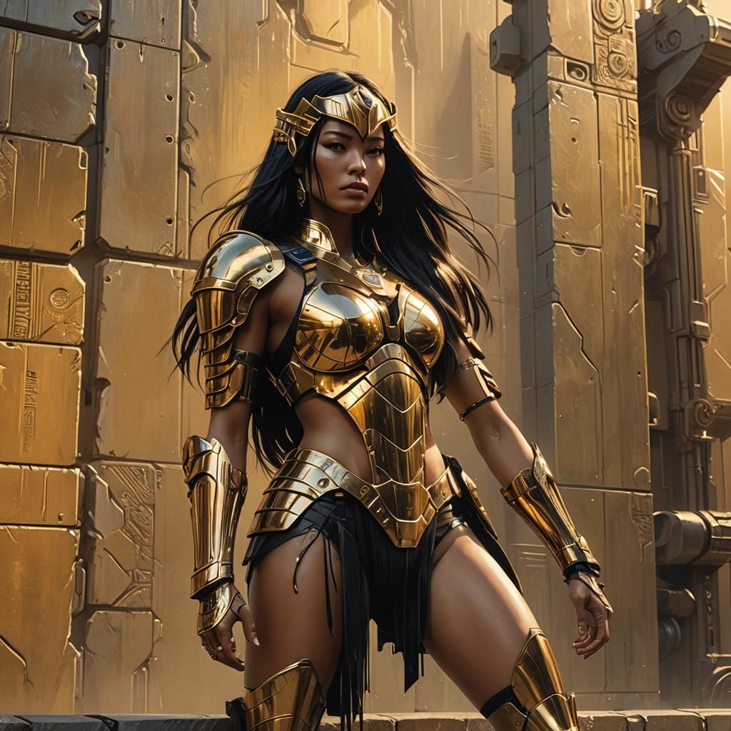 Cyberpunk Asian Woman in Golden Bikini at Sunset