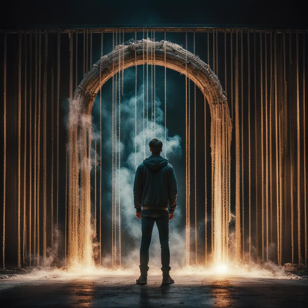 Young Man Before Portal: Cinematic Film Still