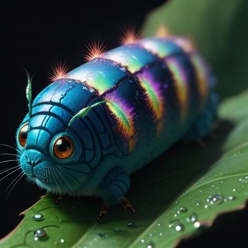 Fluffy Alien Caterpillar on Leaf: Digital Art