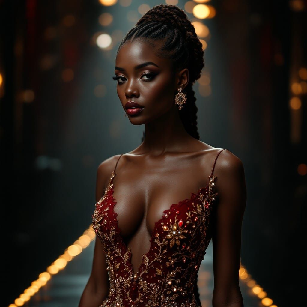 Create a hyper-realistic photo of an African fitness mode. She stands confidently on a catwalk, dressed in a lavish Roco...