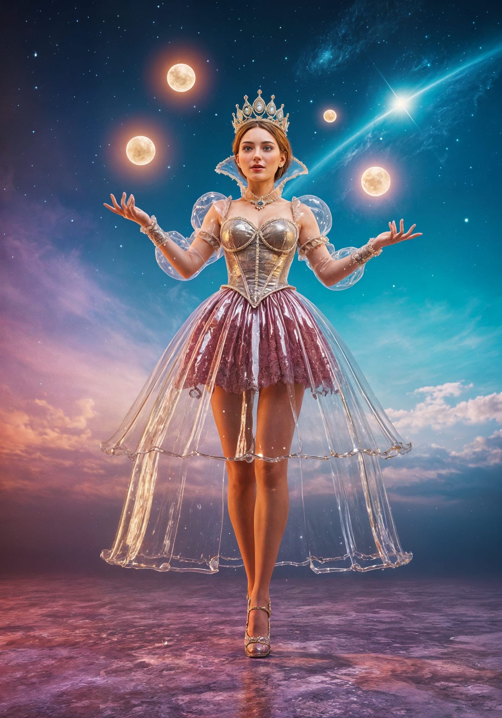 Medieval Courtesan Juggling Light Orbs in Cosmic Sky