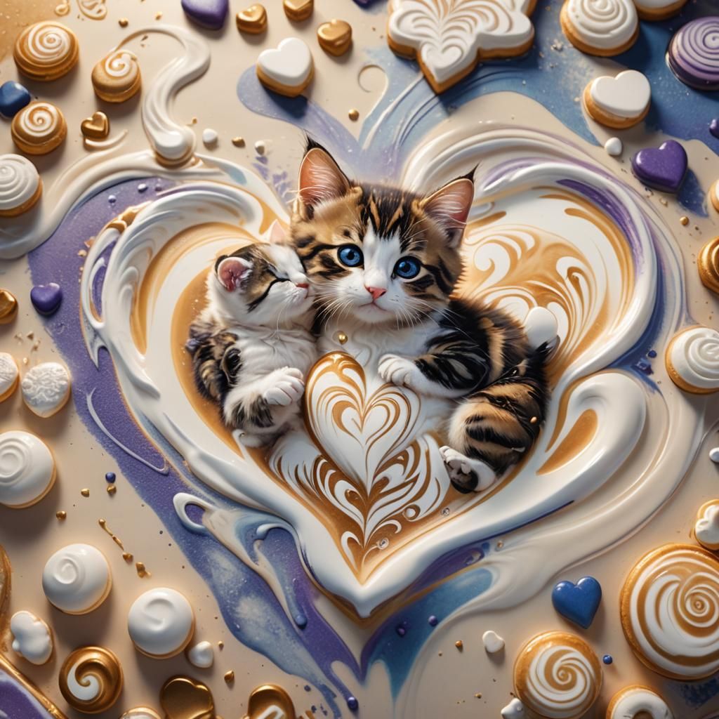 Whimsical Fantasy Couple of Kittens in Latte Art