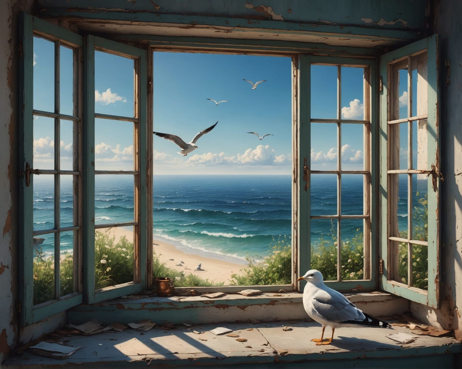 Vintage Window to the Sea: A Detailed Matte Painting