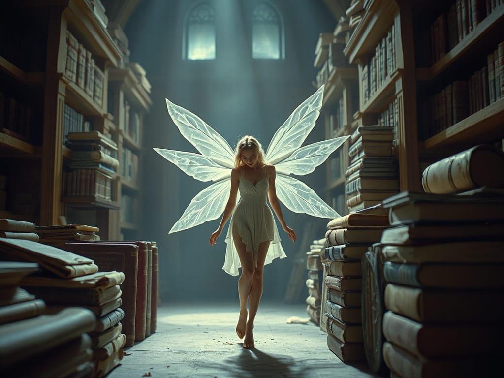 Translucent Paper Fairy in Ancient Library
