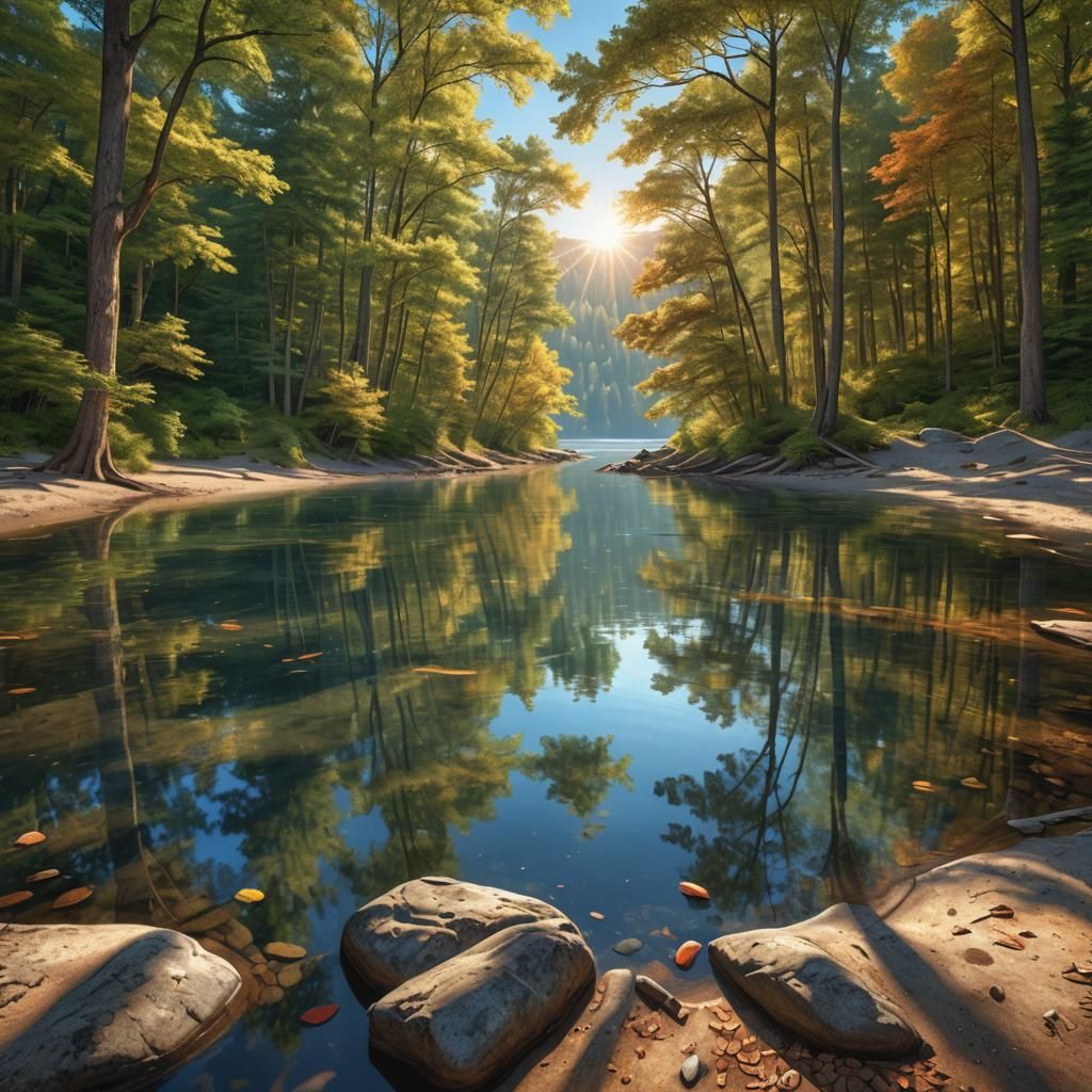 Serene Lakeside Beach with Forest: Hyperrealistic HDR Landsc...