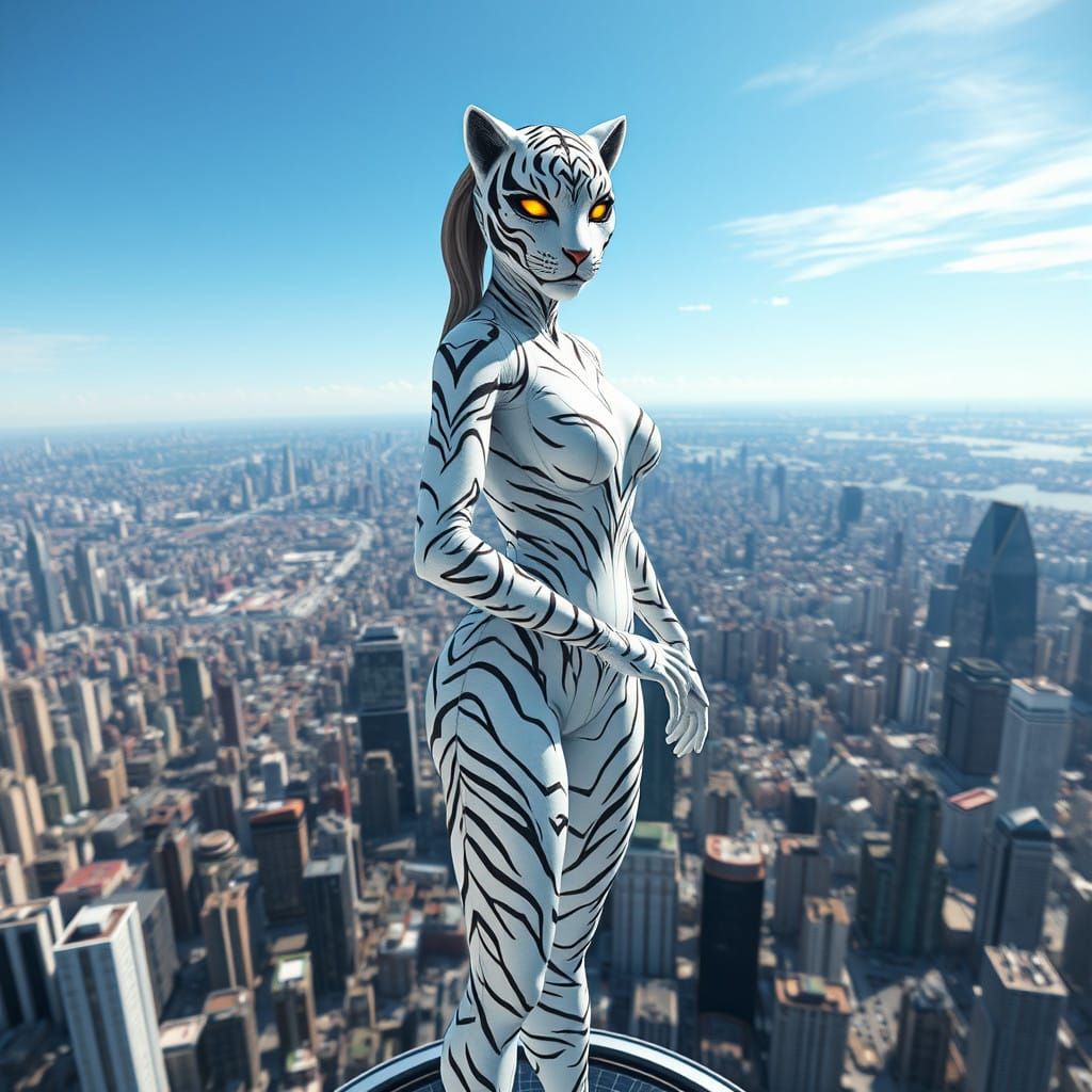 White Tiger Superhero Goddess Dominates City Skyline