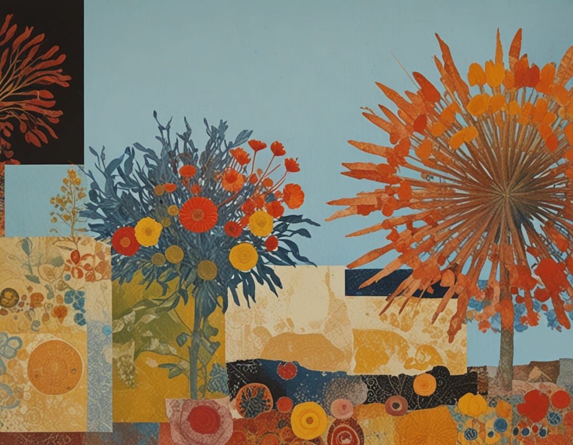 Colorful Abstract Botanical Collage in Early Modern Style