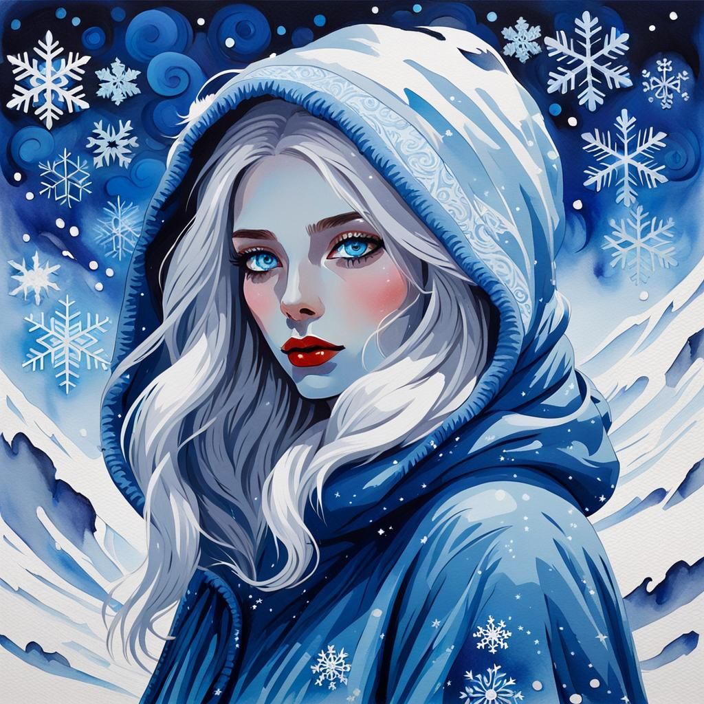 Girl in Snow, Gouache Watercolor Impressionism