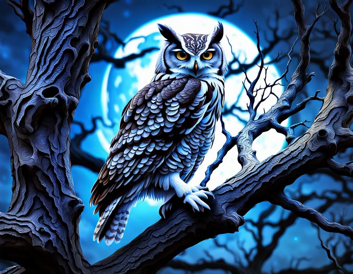 Hyperrealistic Owl on Moonlit Tree