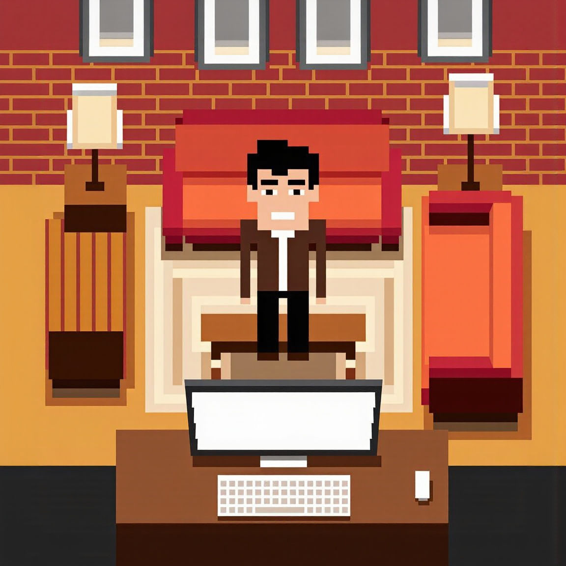 Pixel Art Man in Cozy Living Room Top-Down View