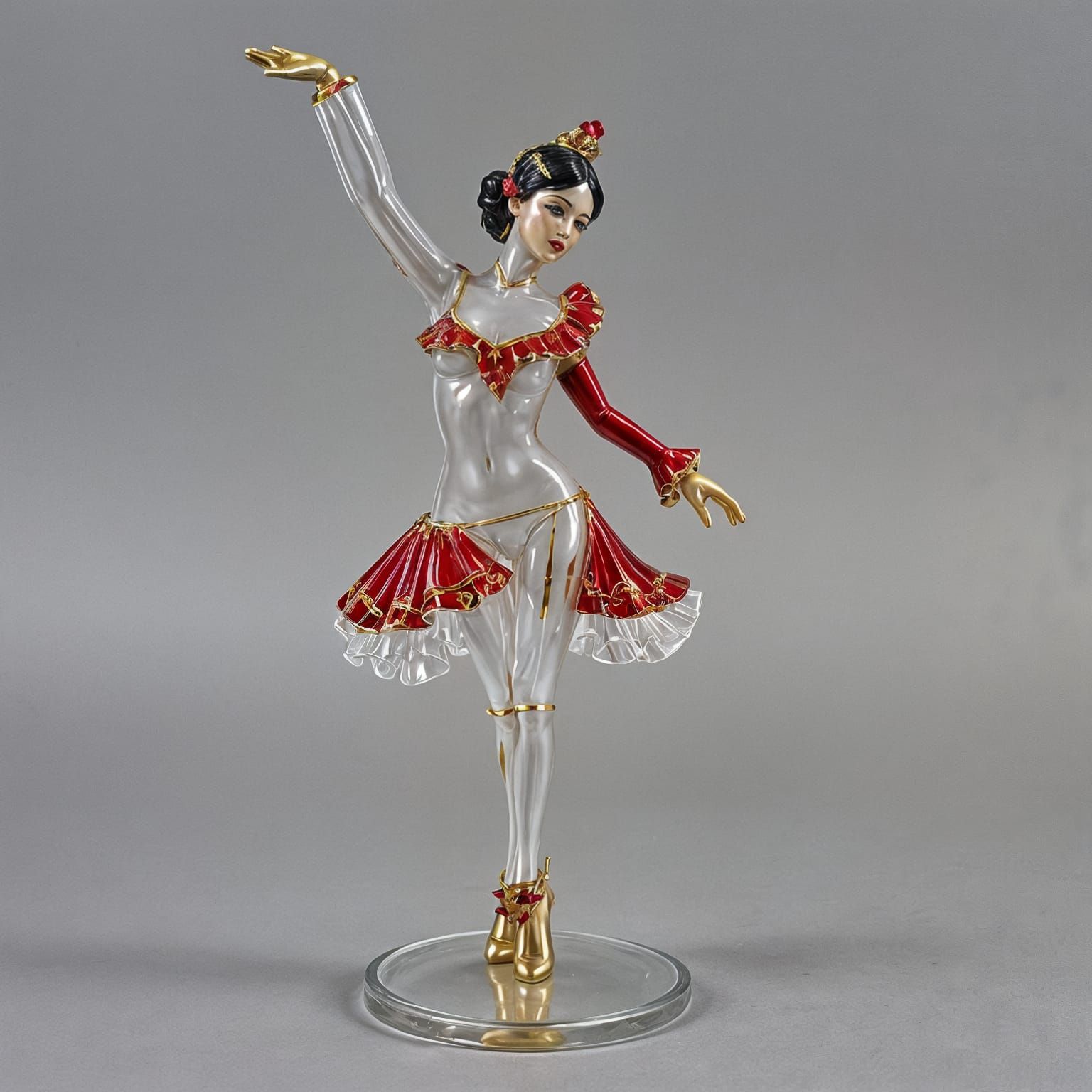 Glass ballerina figurine with red and gold enamel details