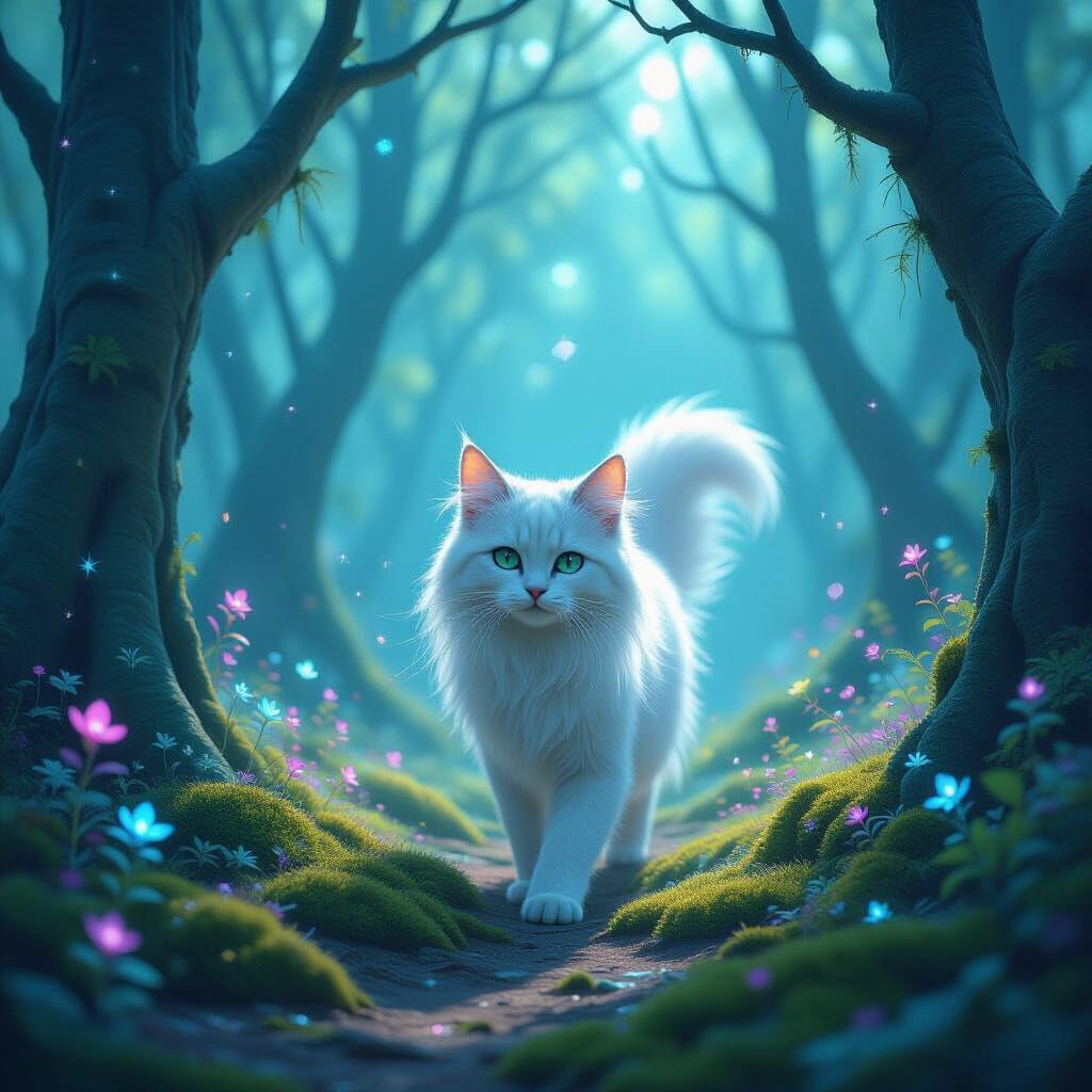 Ethereal Stardust Cat in Magical Crystal Forest