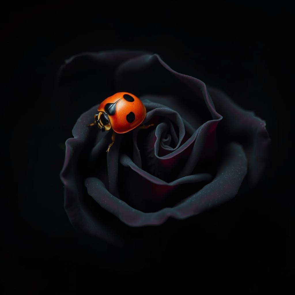 Ladybug in Serene, Dark Rose Bud Scene