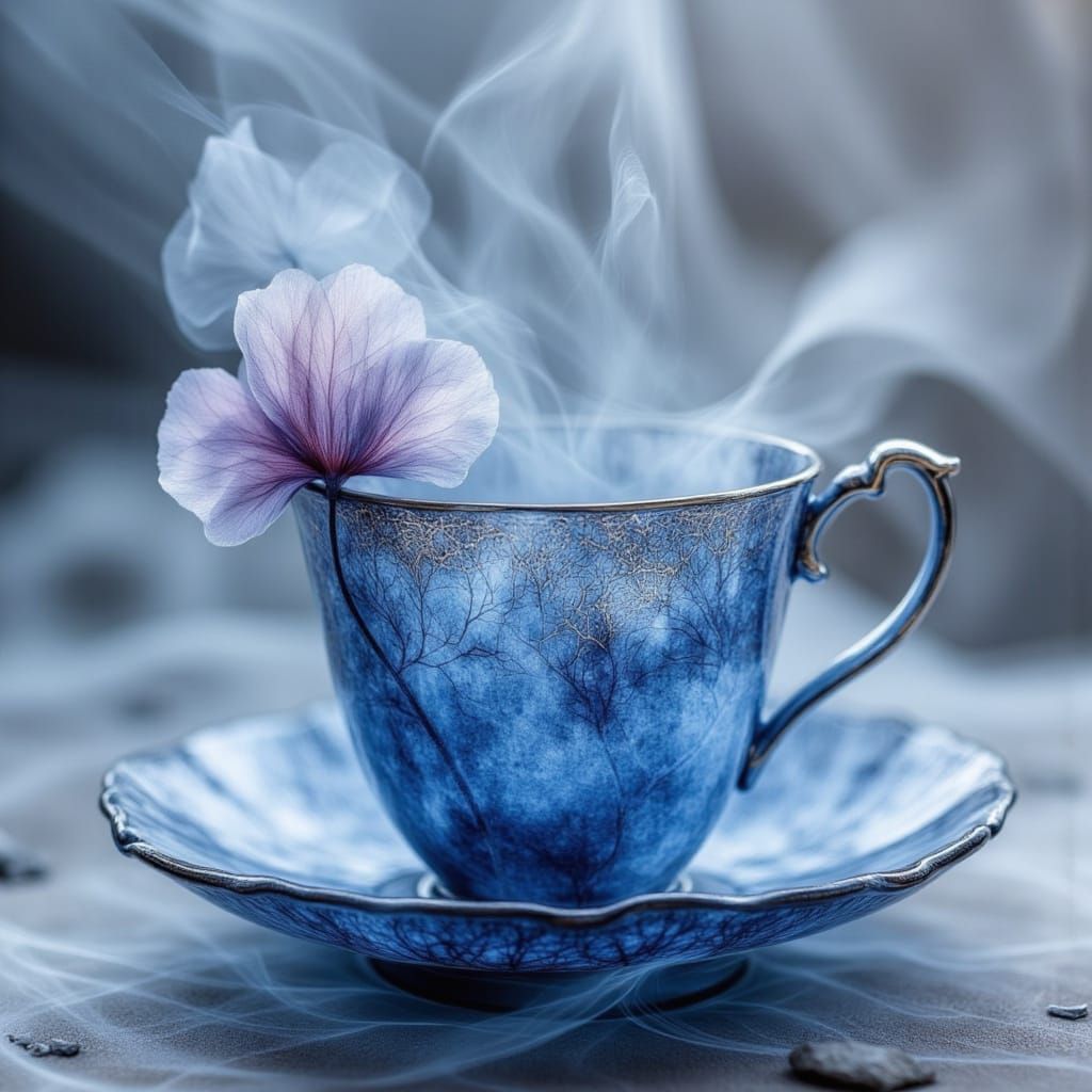 Ornate Indigo Teacup in Art Nouveau Style