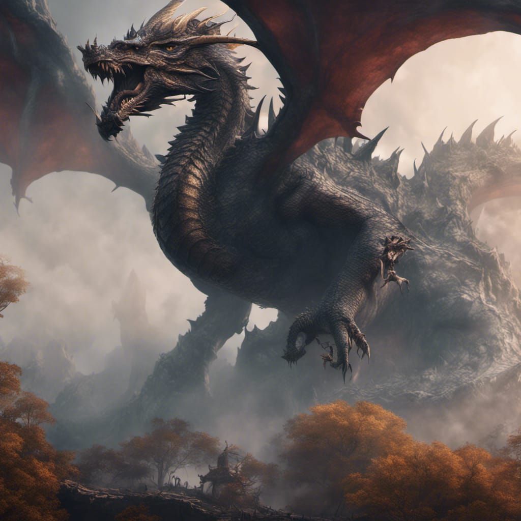 Gigantic Dragon in the Mist: Detailed Matte Painting