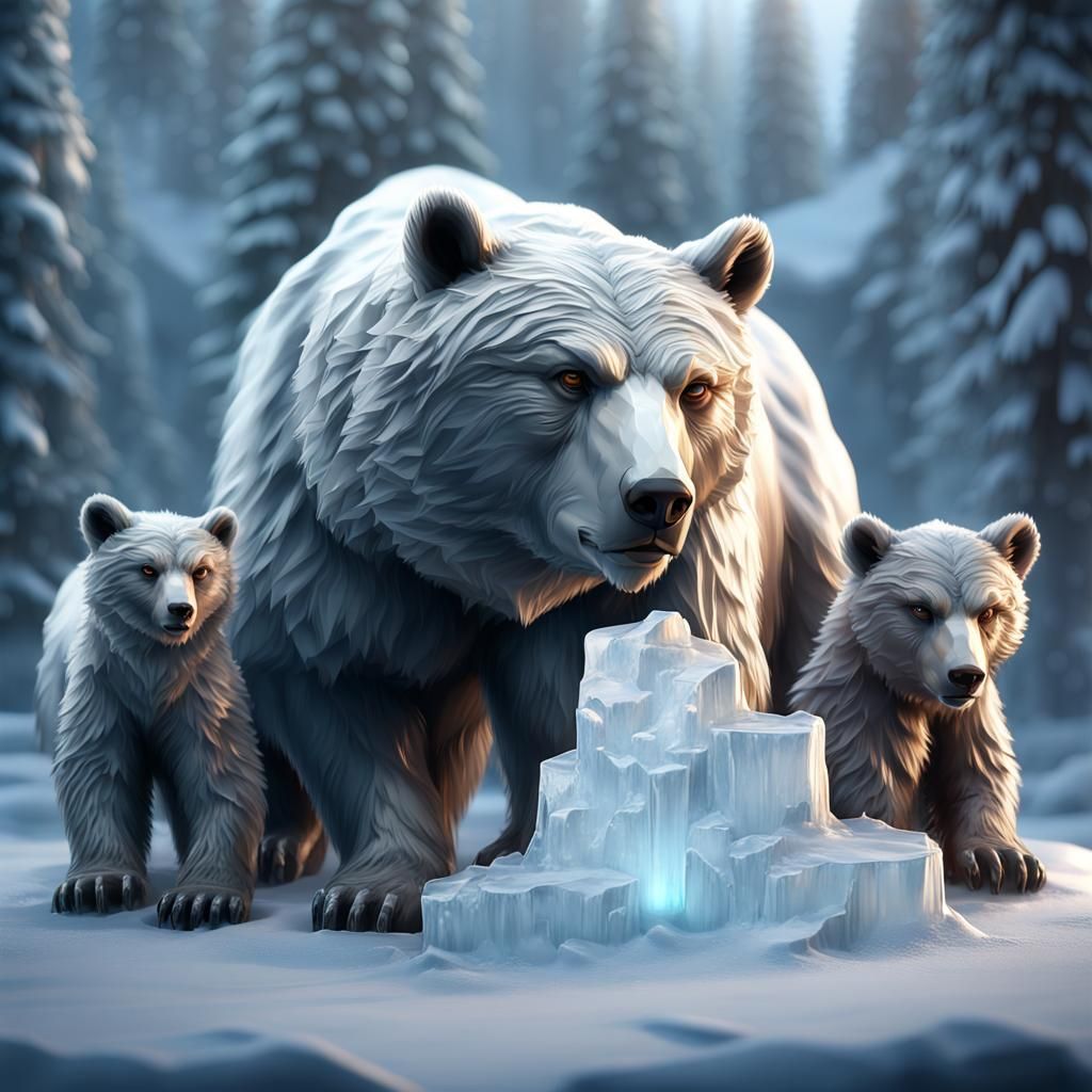 Detailed Ice Sculpture of Bear and Cubs
