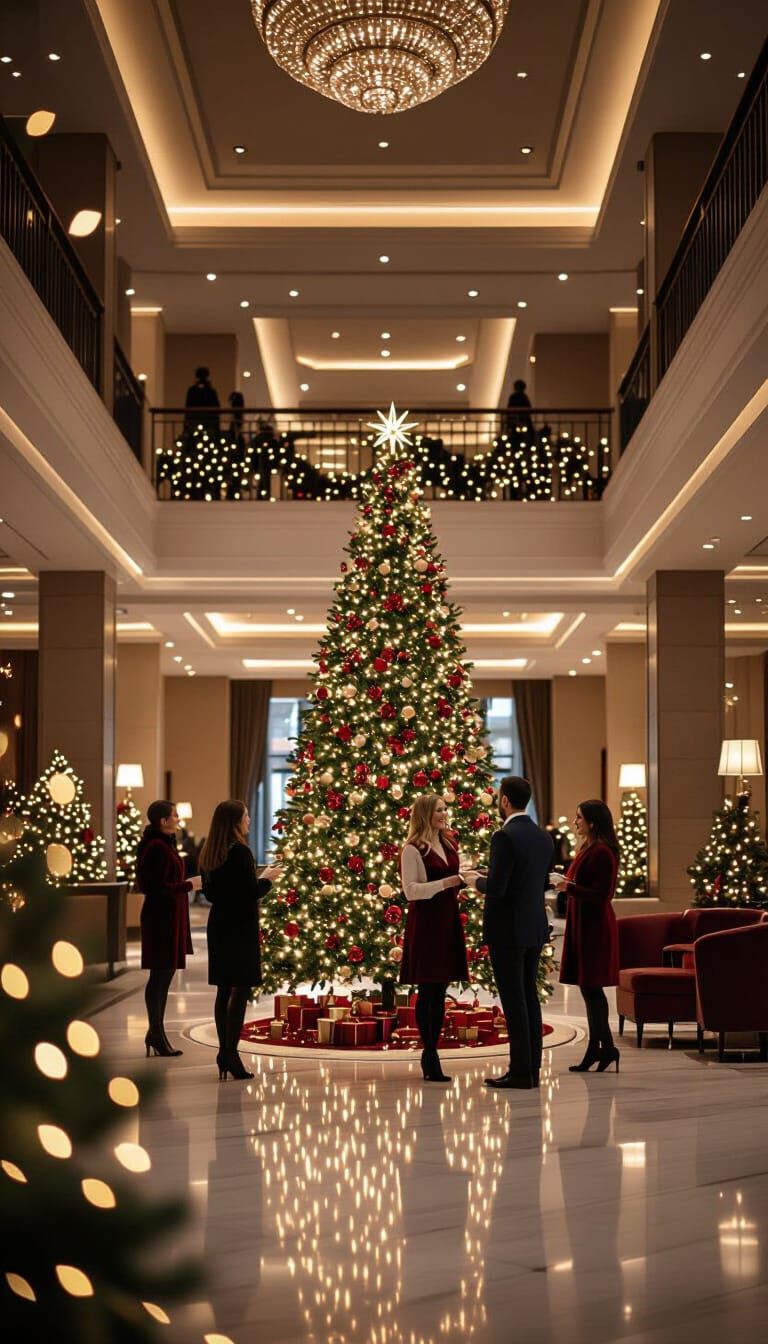 Elegant Christmas Scene in Modern Building Lobby