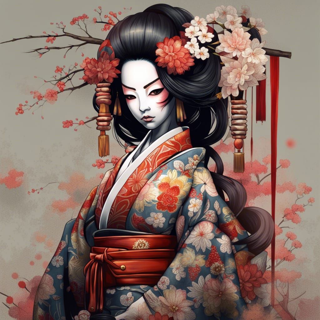 Ornate Geisha Character Design in Kabuki Style