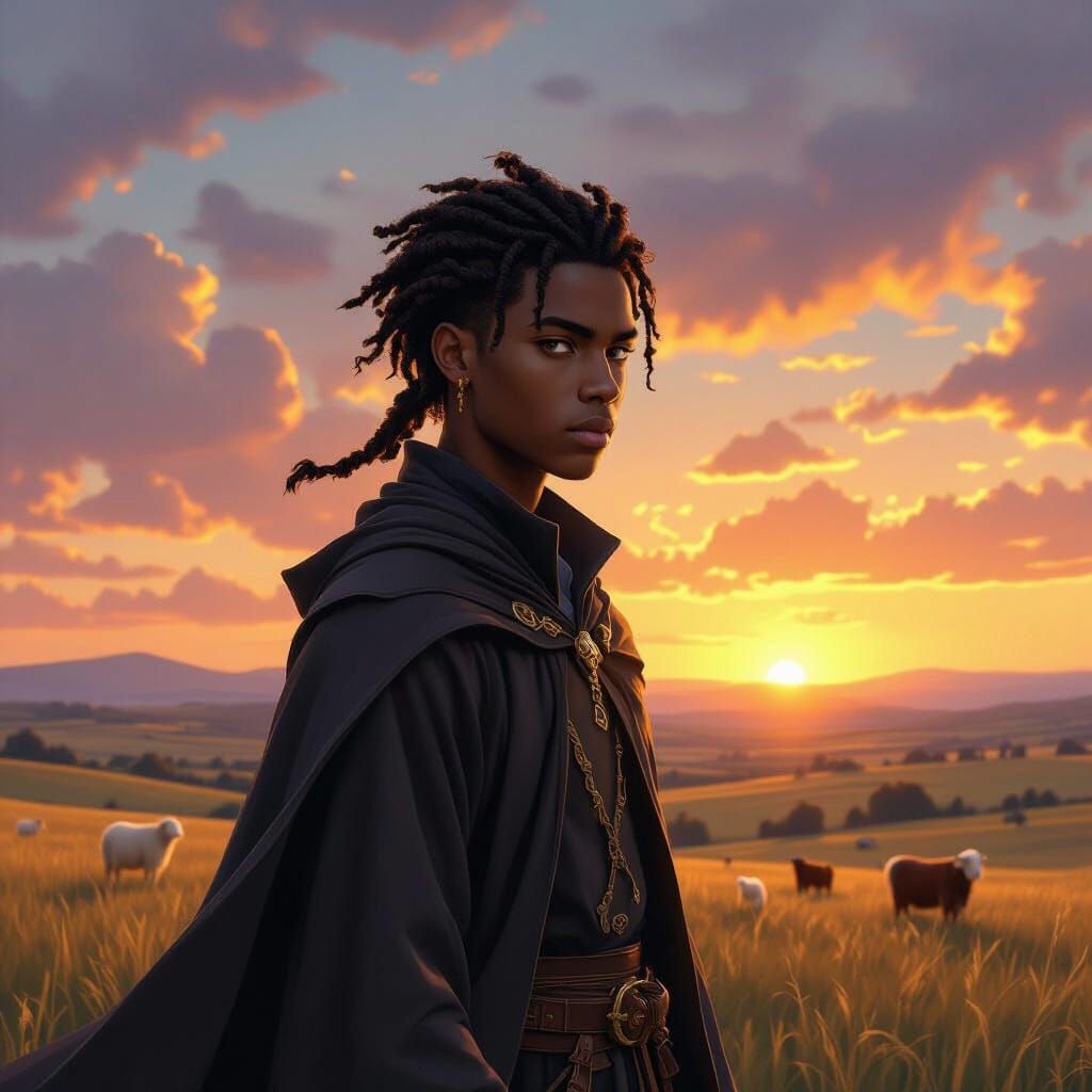 Young Black Wizard in Golden Hour Sunset Landscape