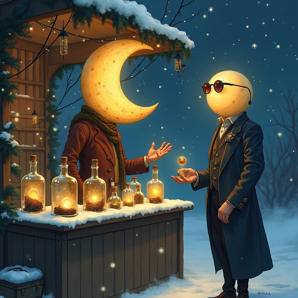 Whimsical Winter Night Market Scene in Classic Storybook Sty...