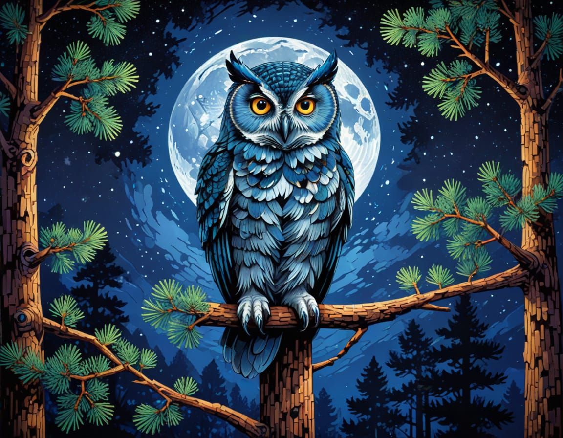 Chinese Ink Owl in Blacklight Mosaic Vector Art