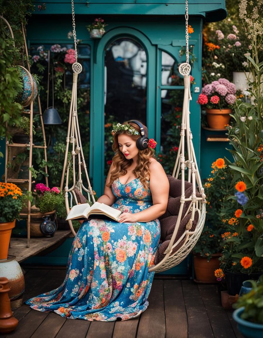 Woman Reading in a Whimsical Klimt-Inspired Garden