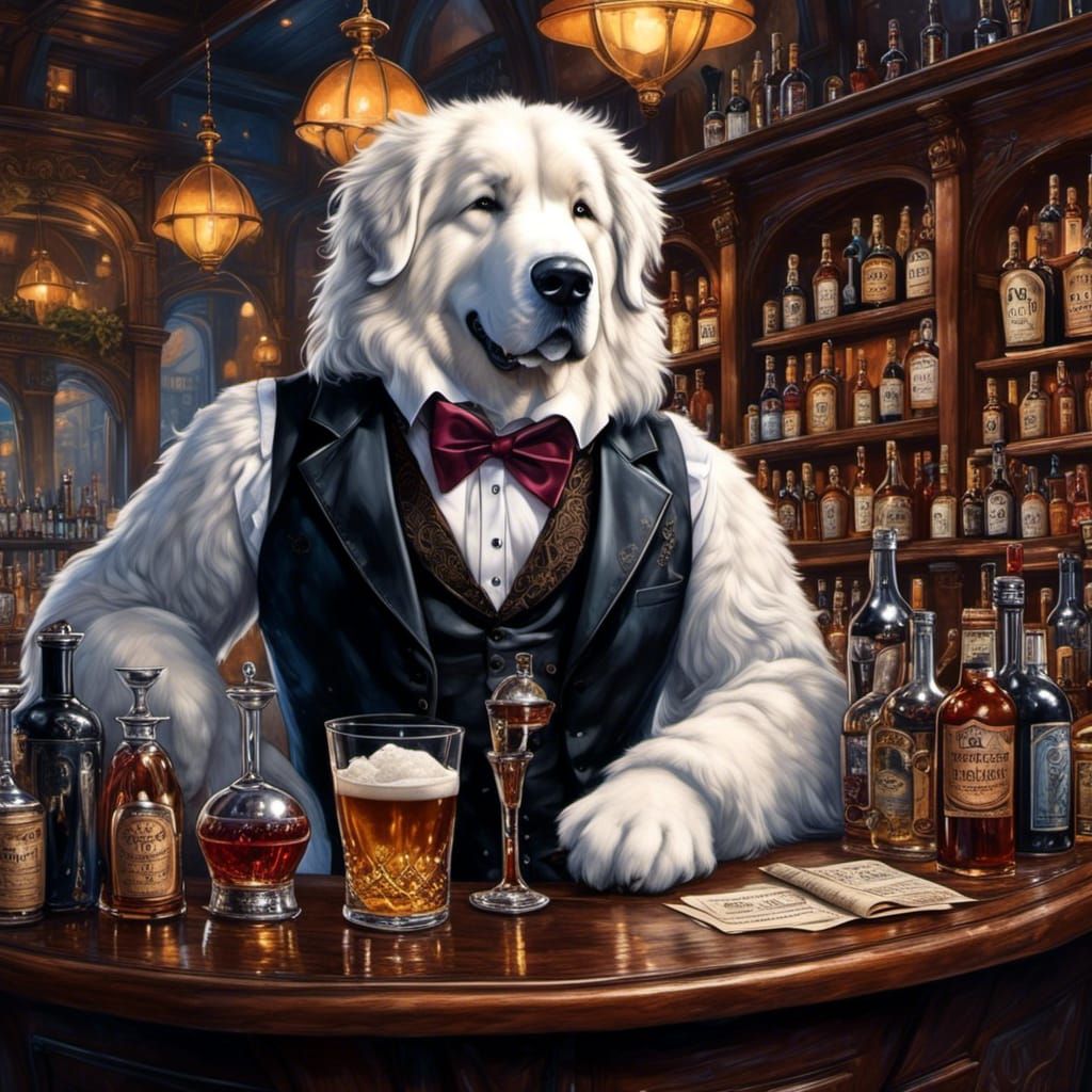 Victorian Dog Bartender in Ink and Pencil Style