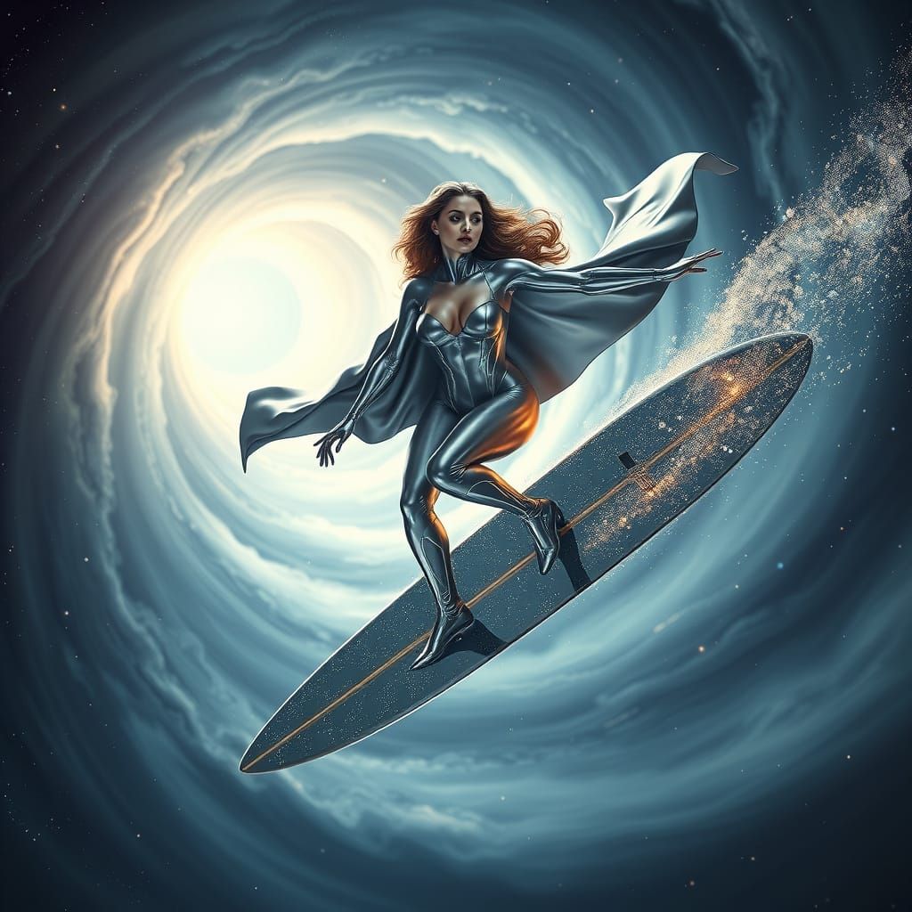 Glamorous Silver Surfer Goddess in Cosmic Space Odyssey