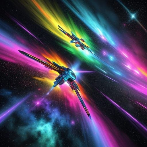 Space Fleets Battle in Vibrant Rainbow Nebula Graffiti Art