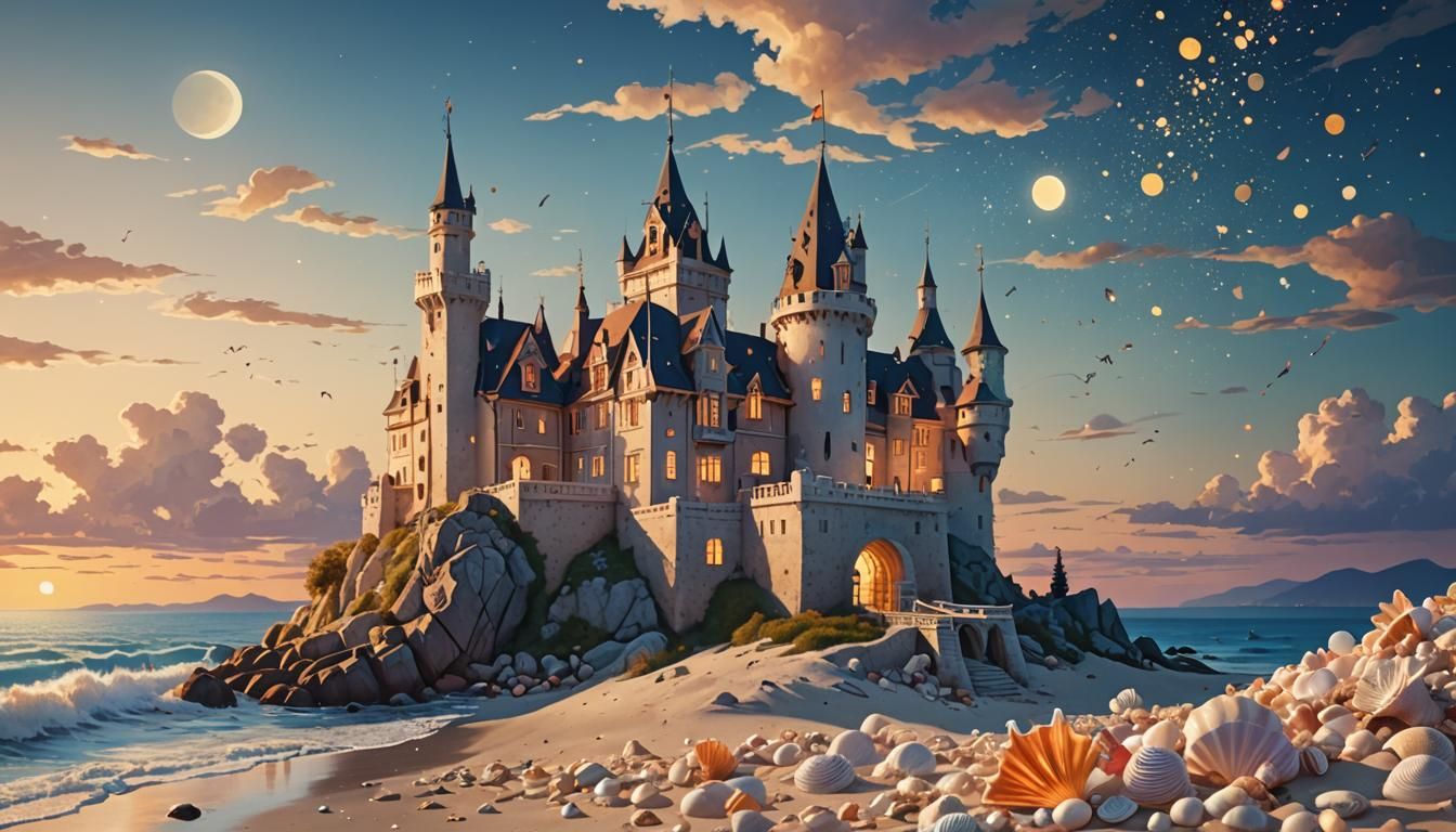 Whimsical Seaside Castle at Sunset in Abstract Style