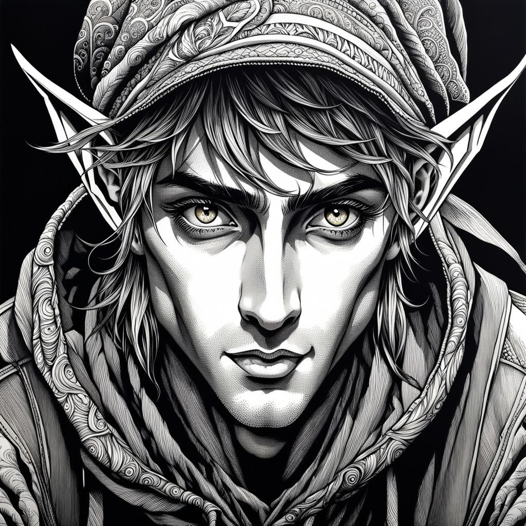 Pen and ink - black and white - anime-inspired - hyperrealistic - anime elf boy