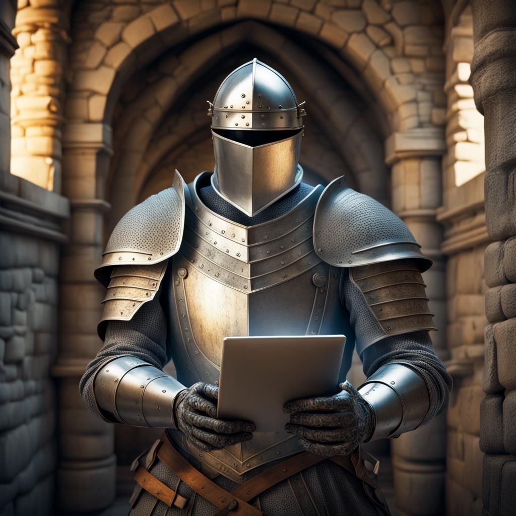 Knight of shining armour holiding a tablet in a security fil...