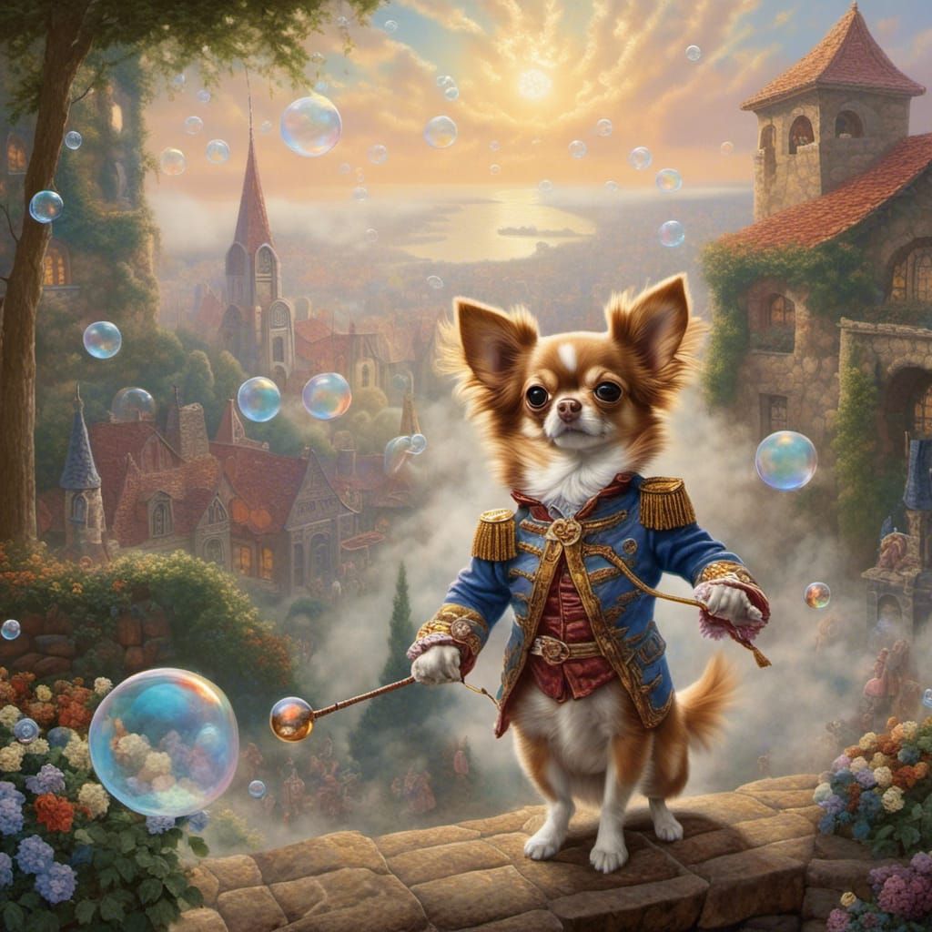 Futuristic Chihuahua Warrior Armed with Soap Bubbles