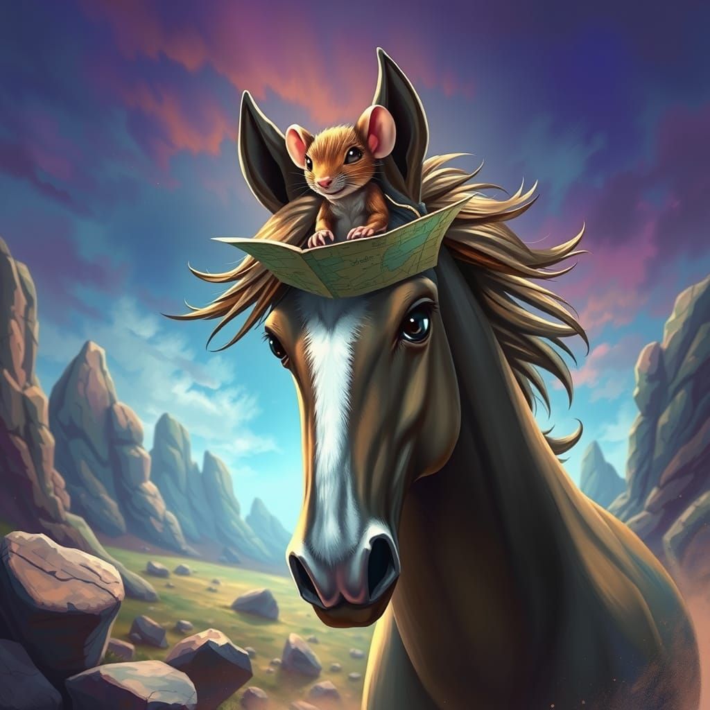 Mouse Reads Map on Horse's Head in Funny Cartoon Style