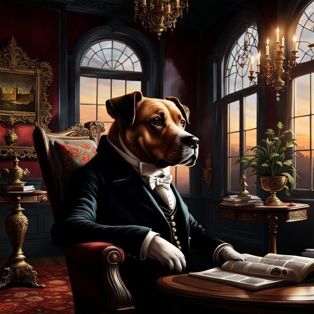 Victorian Dog in Spooky London Castle, Hyperrealistic Art