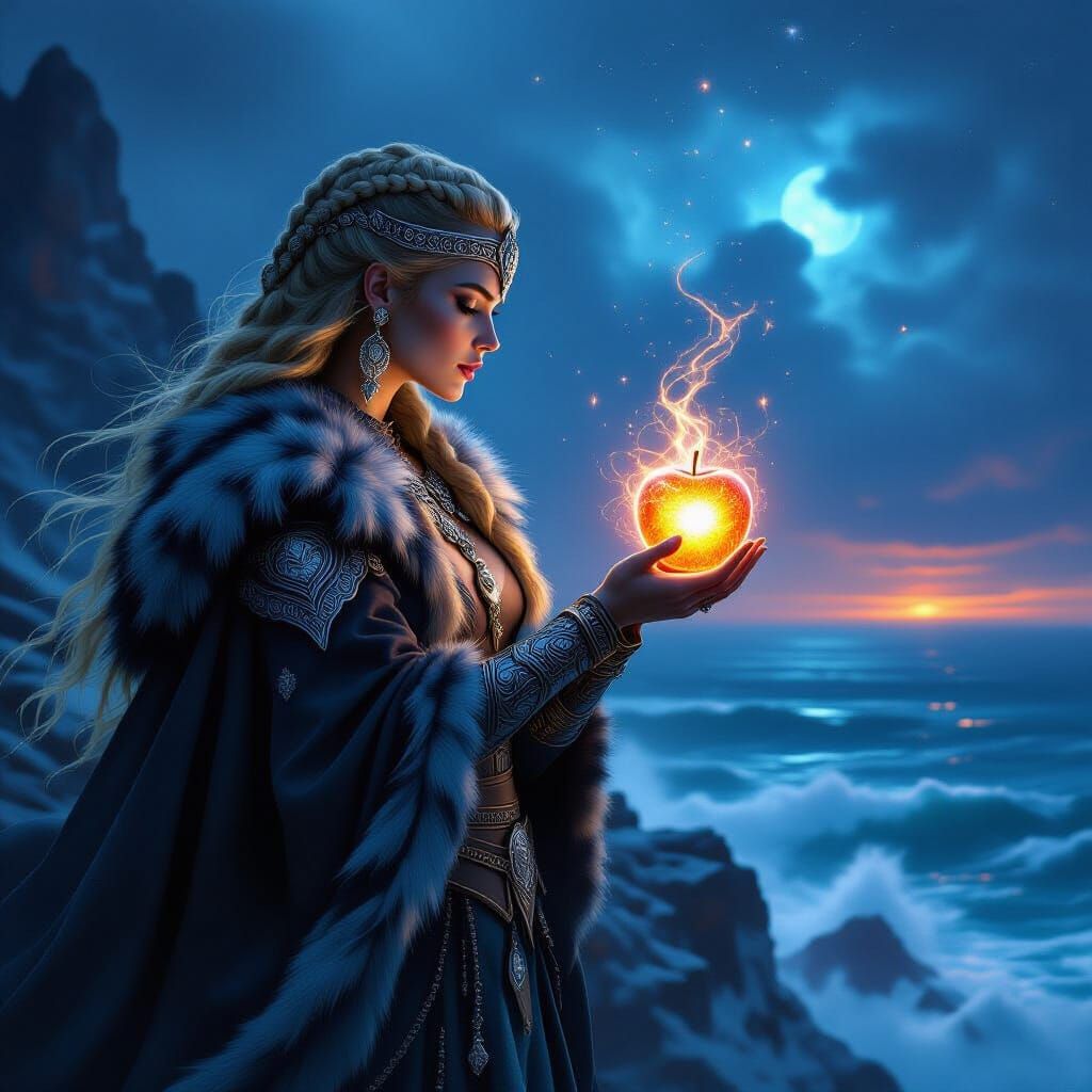 Viking Woman With Cosmic Apple on Cliff