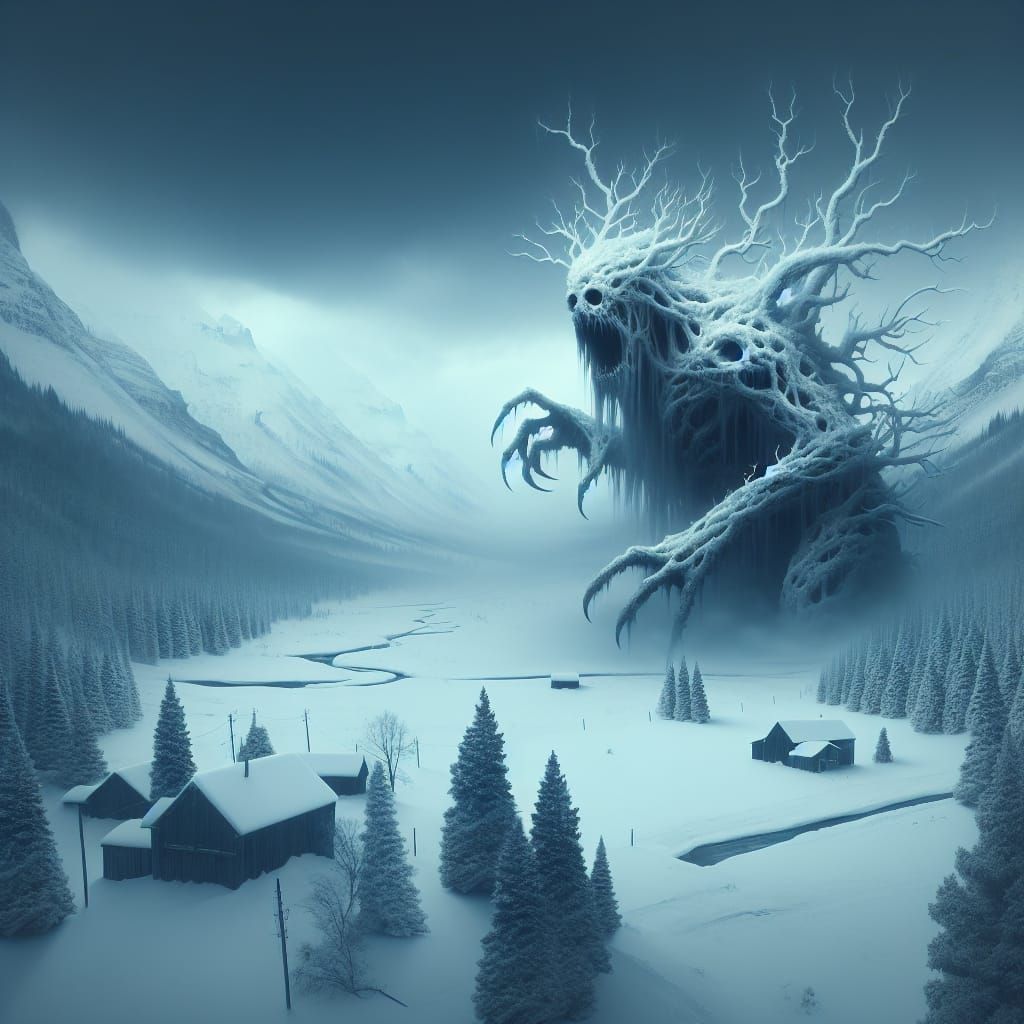 Surreal Snow Monster Emerges in Frozen Wilderness