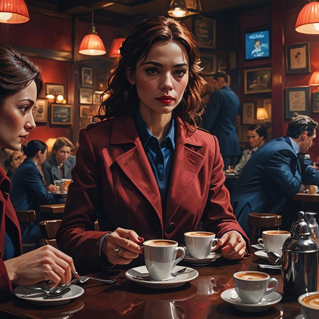 Espionage at Café Shi: A Hyperrealistic Film Still