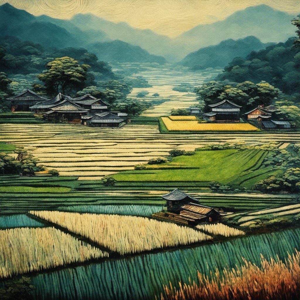 Rice Fields in Japan: Ukiyo-e Impressionism