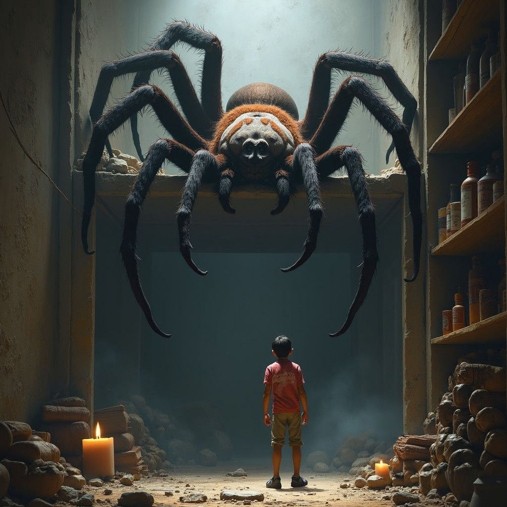 Giant Tarantula Stalking Man: Detailed Matte Painting