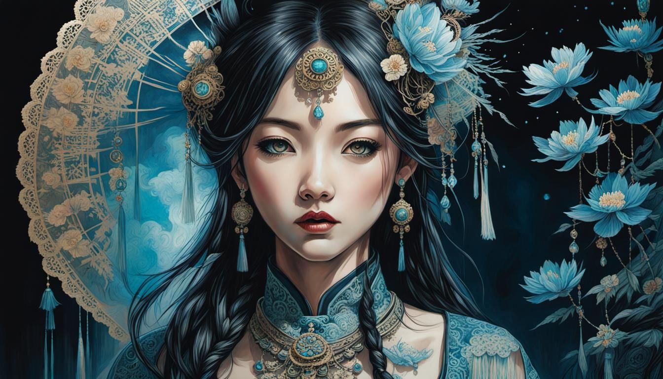 Bioluminescent Retropunk Asian Maiden in Lace Dress