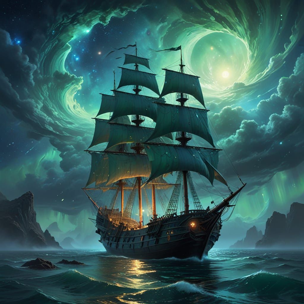 Ethereal Ghost Ship Sails Celestial Oceans in Dreamy Oil Pai...