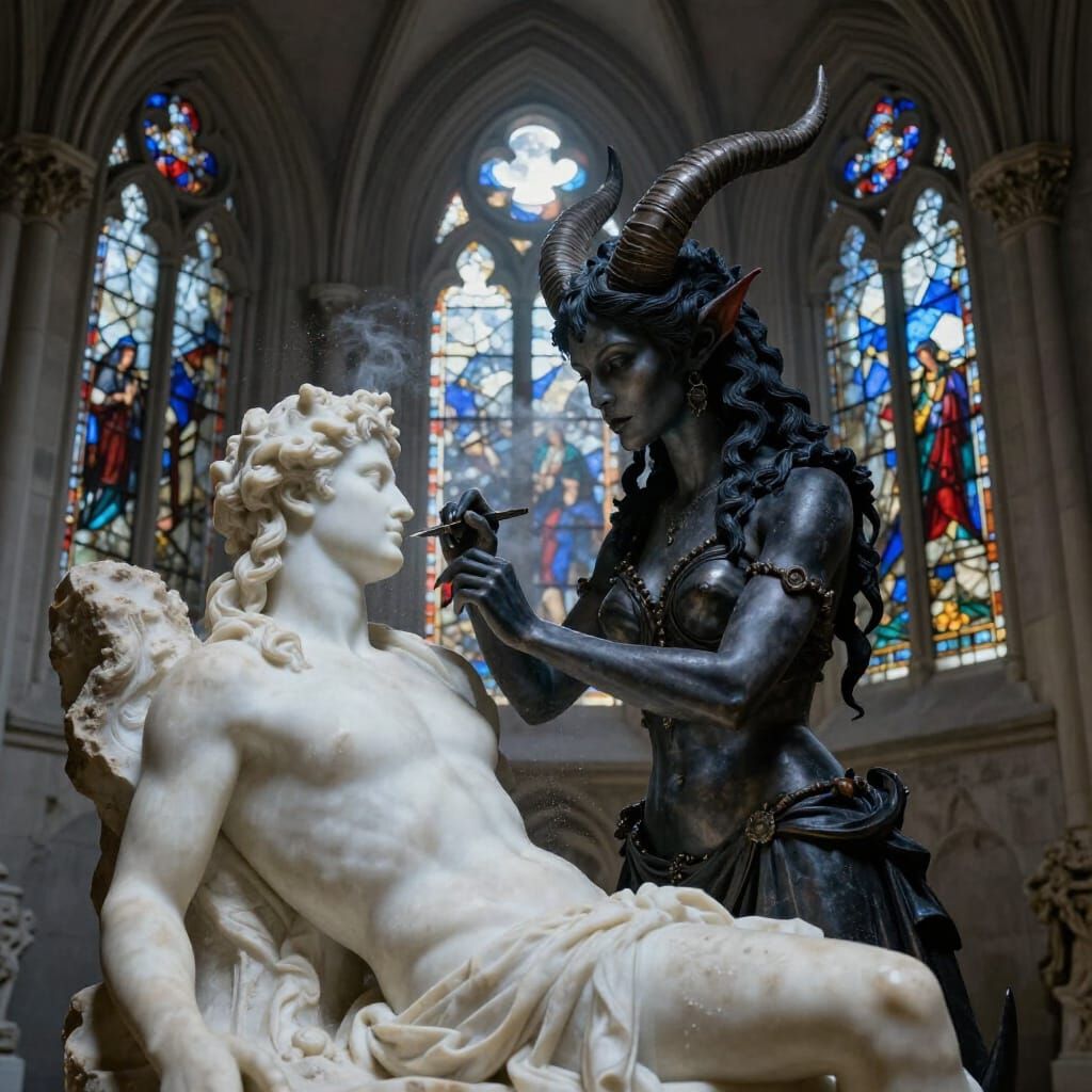 Demoness Sculpting Greek God in Gothic Cathedral