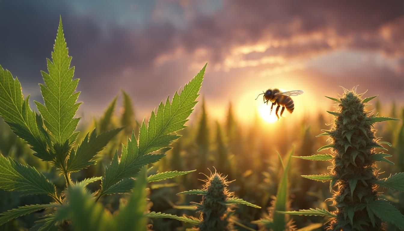 Bee Sunbathing on Dewy Cannabis Leaf at Sunrise